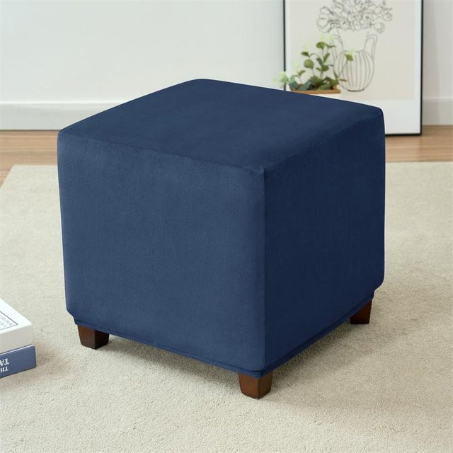Yiran Furniture Samt Ottoman Hockerbezug in Blau, elastischer Hocker-Schutz für dein Wohnzimmer - Bild 1