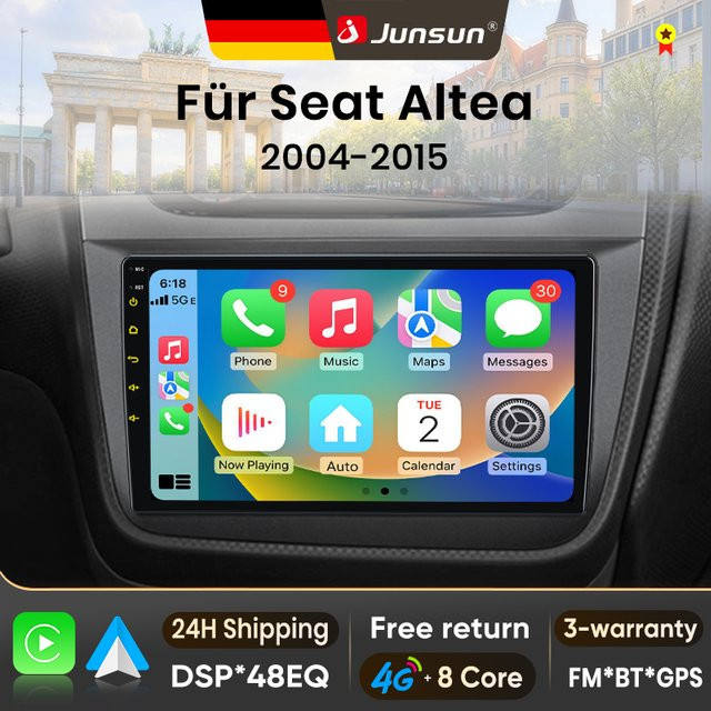 Junsun Android 15 Autoradio für Seat Altea 2004-2015 mit 9 Zoll IPS-Touchscreen, kabellosem Apple CarPlay und Bluetooth in Schwarz - Bild 1