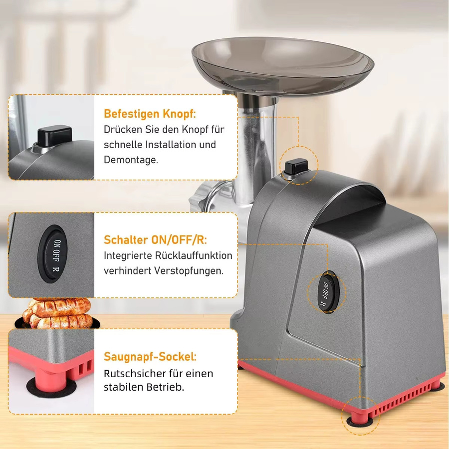 Fatabeta Elektrische Fleischmühle und Küchenmaschine in Silber mit 3 Edelstahlplatten und Wurstfüller - Bild 5