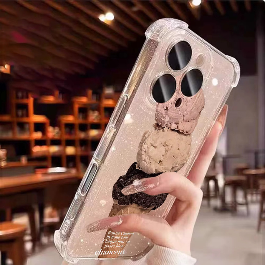 Glitzernde Handyhülle mit Eiscreme-Muster für Apple iPhone 17, 16, 15, 14, 13, 12, 11 Pro Max, sturzsicheres Silikon-Softcover, transparent - Bild 4