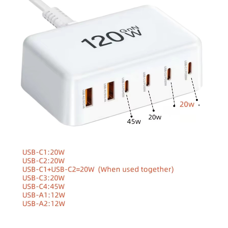Deepartner USB C Schnellladegerät 120 W GaN Ladestation mit 6 Ports, Farbe: Weiß - Bild 2