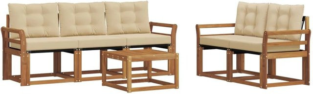 vidaXL Outdoor-Sofagarnitur 6-teilig aus Akazienholz und Textilene in Natur und Beige mit Kissen - Bild 1