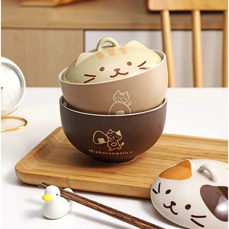 YWDL Keramik Suppenschüssel mit Deckel im japanischen Design mit Katzen-Motiv, Farbe: Gelb - Bild 4