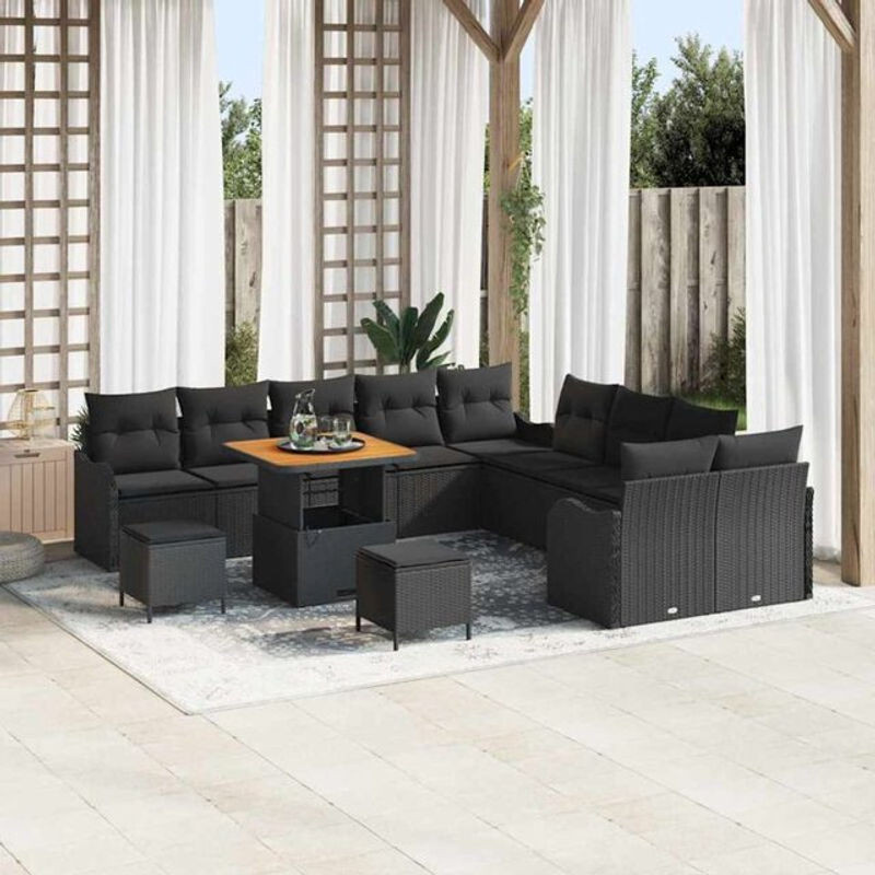 vidaxl Garten-Sofa-Set aus Poly-Rattan und Massivholz in Schwarz, 13-teilig, modern - Bild 1