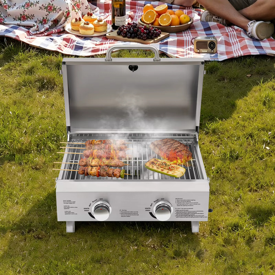 Tragbarer 2-Flammen Tischgasgrill aus Edelstahl in Silber mit Pizzastein und klappbaren Beinen - Bild 6