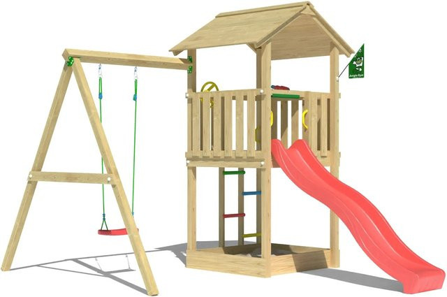 Jungle Gym Spielturm Beacon aus Holz mit Einzelschaukel und Rutsche in Rot - Bild 1
