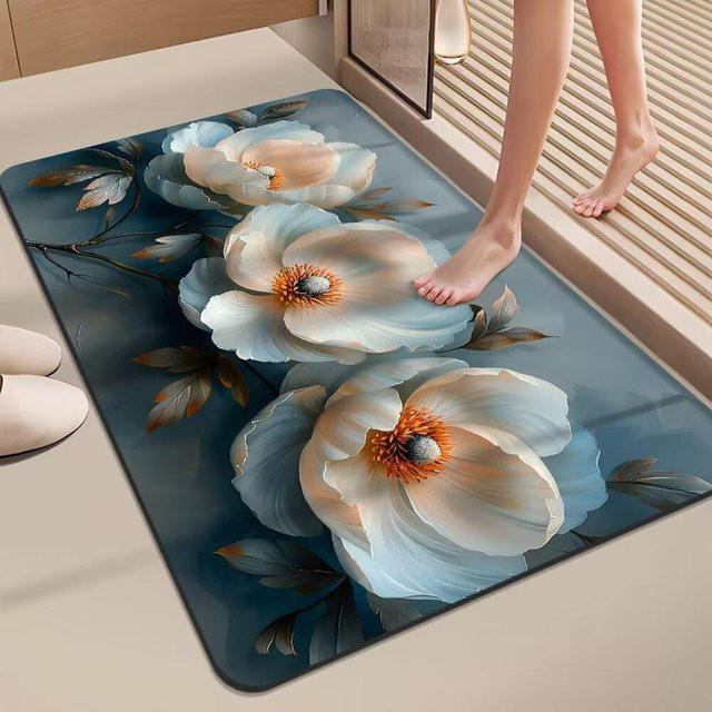 Yiran Furniture Badezimmer-Fußmatte mit Blumenmuster aus Diatomeenschlamm, blau, rutschfest und schnelltrocknend, B/B: 40 x 60 cm - Bild 1