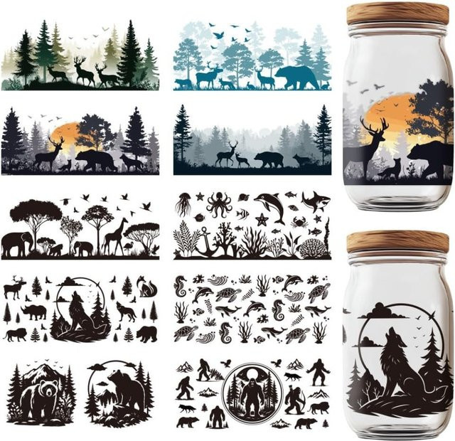 10 Blatt UV DTF Cup Wraps Black Forest Style Rub on Transfer Aufkleber mit Wolf Hirsch und Bär in Multicolor für Glas - Bild 1