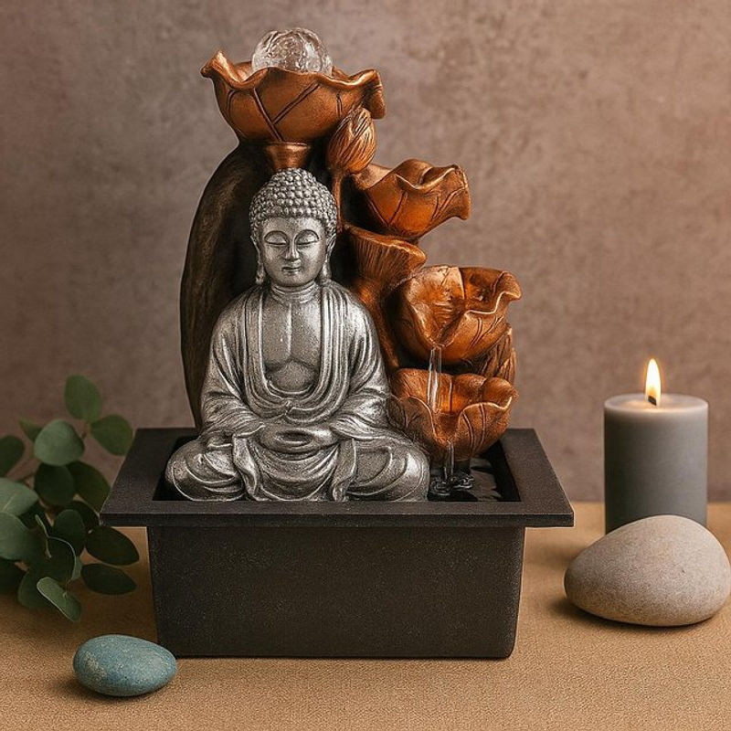 Tischwasserbrunnen SHAMTAM Buddha mit Kristallkugel in Silber und Kupfer-Bronze, Höhe: 35 cm - Bild 1
