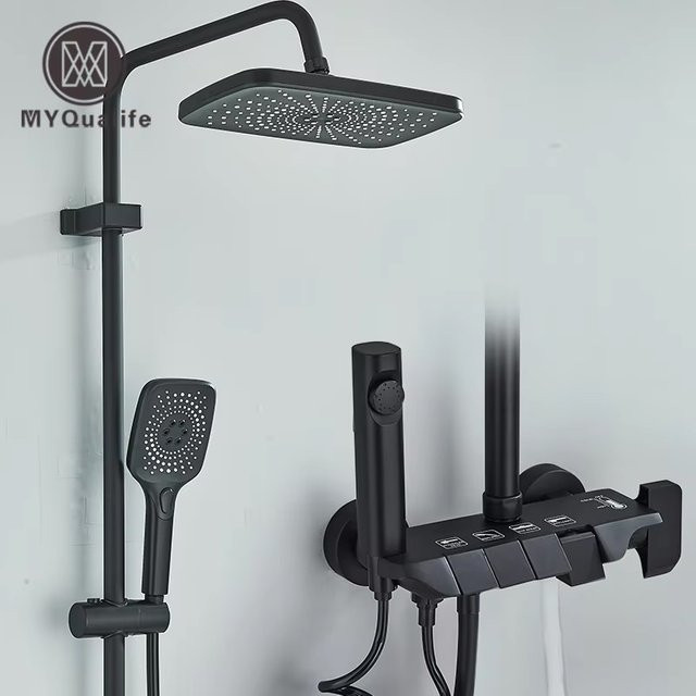 MYQualife Regenduschsystem im Klavier-Stil mit Wasserfall-Funktion aus Messing in Matt Schwarz - Bild 1