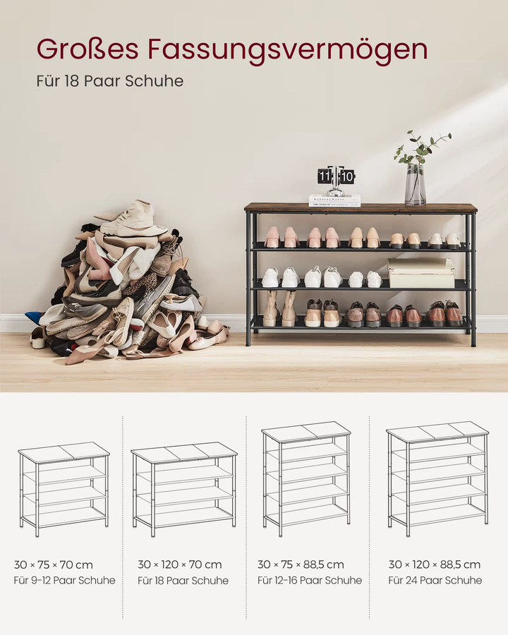 VASAGLE Schuhregal mit 4 Etagen und 3 Stoffablagen für den Flur, Metallrahmen in Braun-Schwarz im Industrial-Design - Bild 3