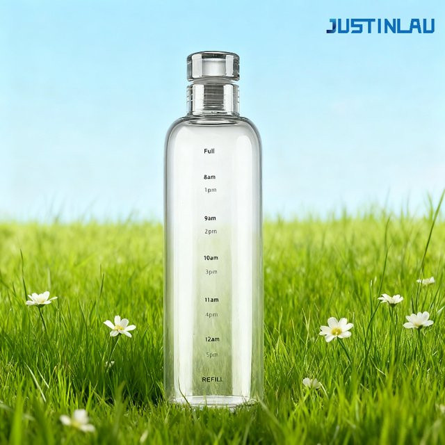 JUSTINLAU Tragbare Glasflasche aus Borosilikatglas mit Trinkzeit-Skala, Transparent, 300 ml - Bild 1