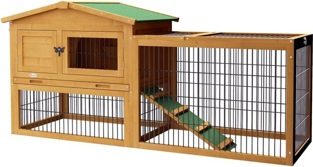 PawHut Kaninchenstall aus Tannenholz mit Freilaufgehege und Rampe, Gelb, B/T/H: 150 x 52 x 68 cm - Bild 1