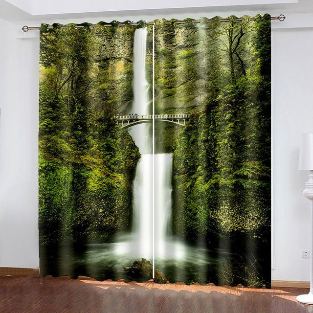 2er-Set Fensterdekoration mit 3D Strandlandschaft bei Sonnenuntergang, halbtransparente Vorhänge aus Polyester in Mehrfarben, Breite: 100 cm, Höhe: 130 cm - Bild 1