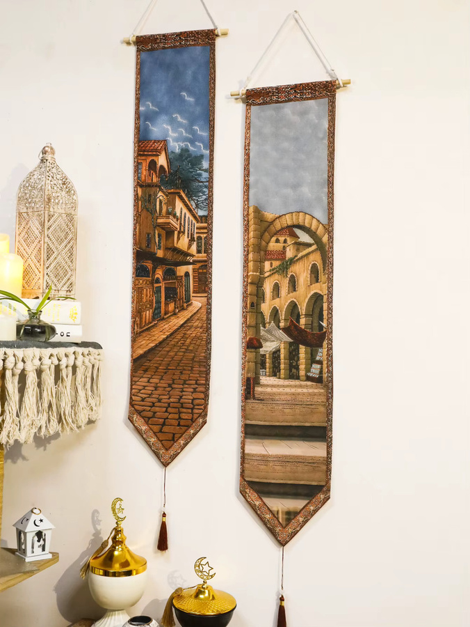 Islamischer Wandbehang Ramadan Tapisserie mit Mond- und Stadtmotiven in Multicolour im Boho-Stil mit Quasten - Bild 2