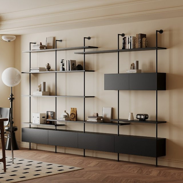 OAKCIA Bücherregal im Mid-Century-Stil aus Metall in Schwarz, Wandmontage, H x B x T: 230 x 60 x 25 cm - Bild 1