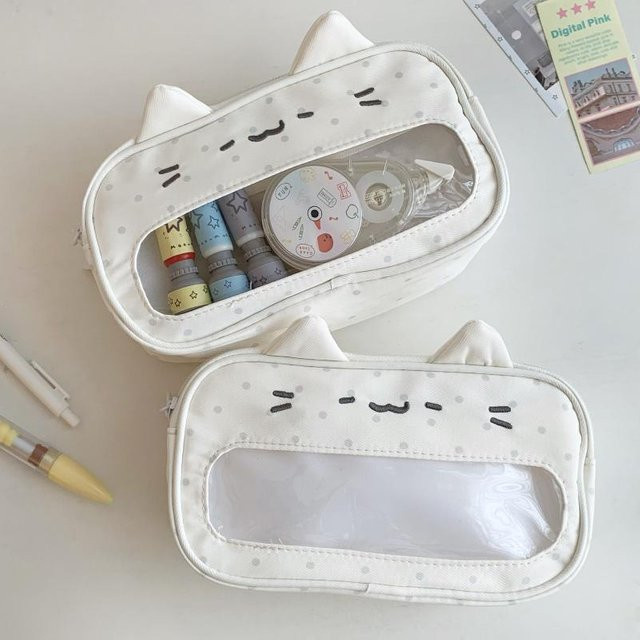 Schreibwarentasche mit Wellenpunkt-Kätzchen-Design und transparentem Fenster in Weiß - Bild 1