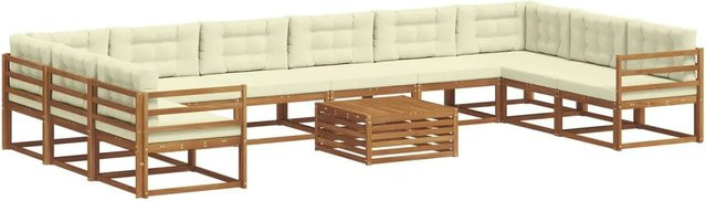 vidaXL Outdoor-Sofagarnitur aus Akazienholz in U-Form, 11-teiliges Set mit Kissen in Natur und Creme - Bild 1