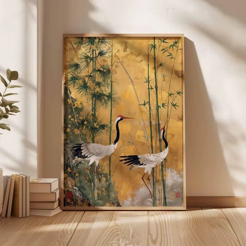 Potdemiel Leinwandgemälde mit fliegenden Kranich-Vögeln in Gold und Weiß, asiatische Wandkunst im Portraitformat - Bild 2