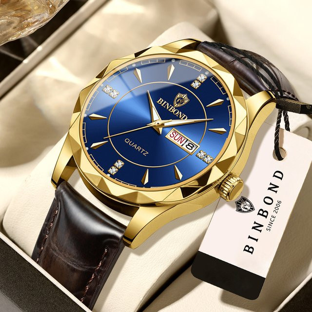 BINBOND Armbanduhr Quarz, Leder, Blau, Gold, Herren - Bild 1