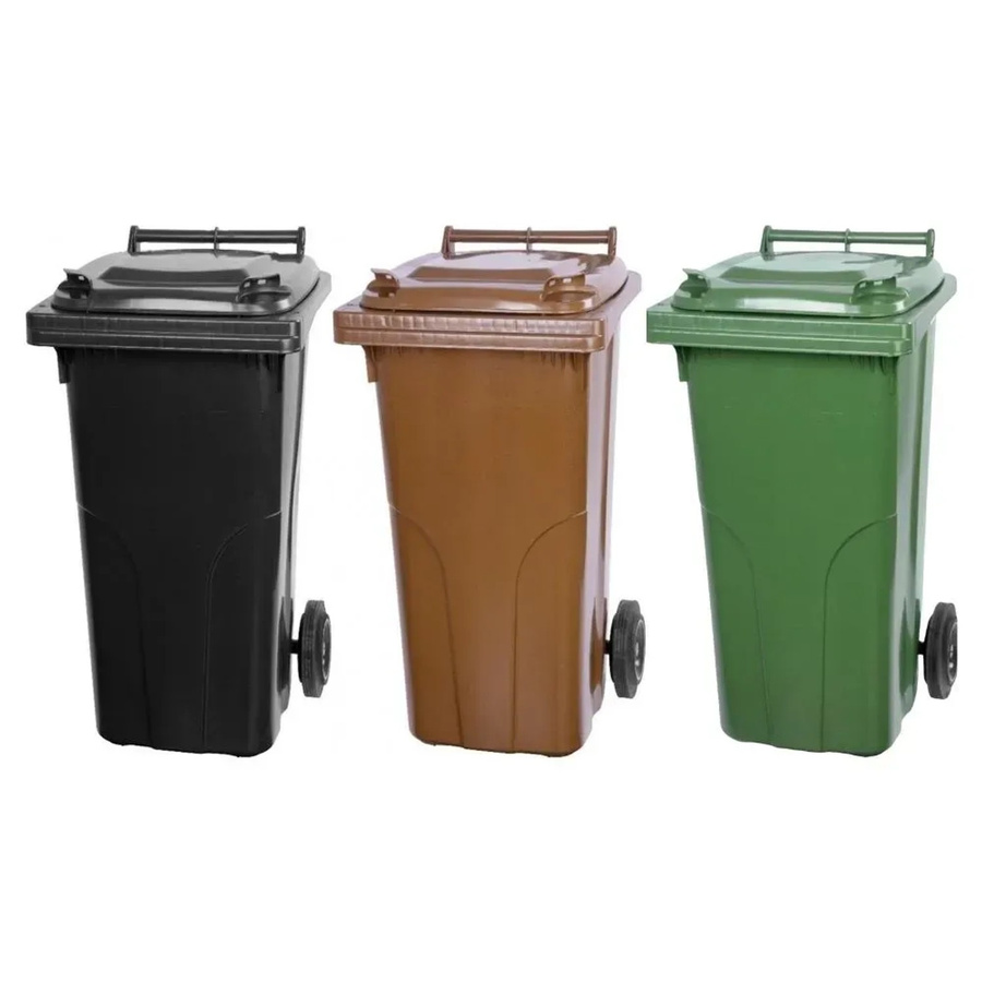 PROREGAL SuperSparSet 3er-Pack Mülltonnen mit 2 Rädern aus HDPE-Kunststoff, 120 Liter, Farben: Grau, Schwarz, Braun und Grün - Bild 2
