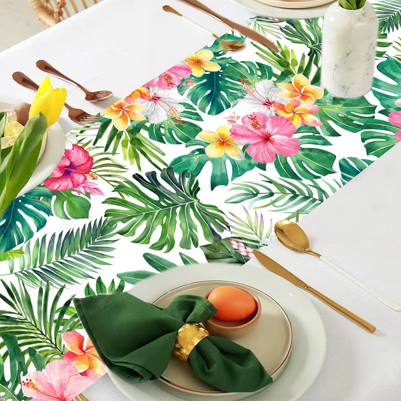Tropischer Tischläufer mit Flamingo- und Blumenmuster für Sommerpartys und Geburtstage, mehrfarbig, aus Leinen - Bild 3