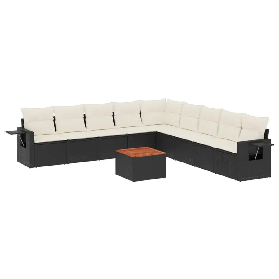 vidaXL 10-tlg. Garten-Sofagarnitur in L-Form aus Polyrattan und Akazienholz mit Kissen, Schwarz - Bild 2