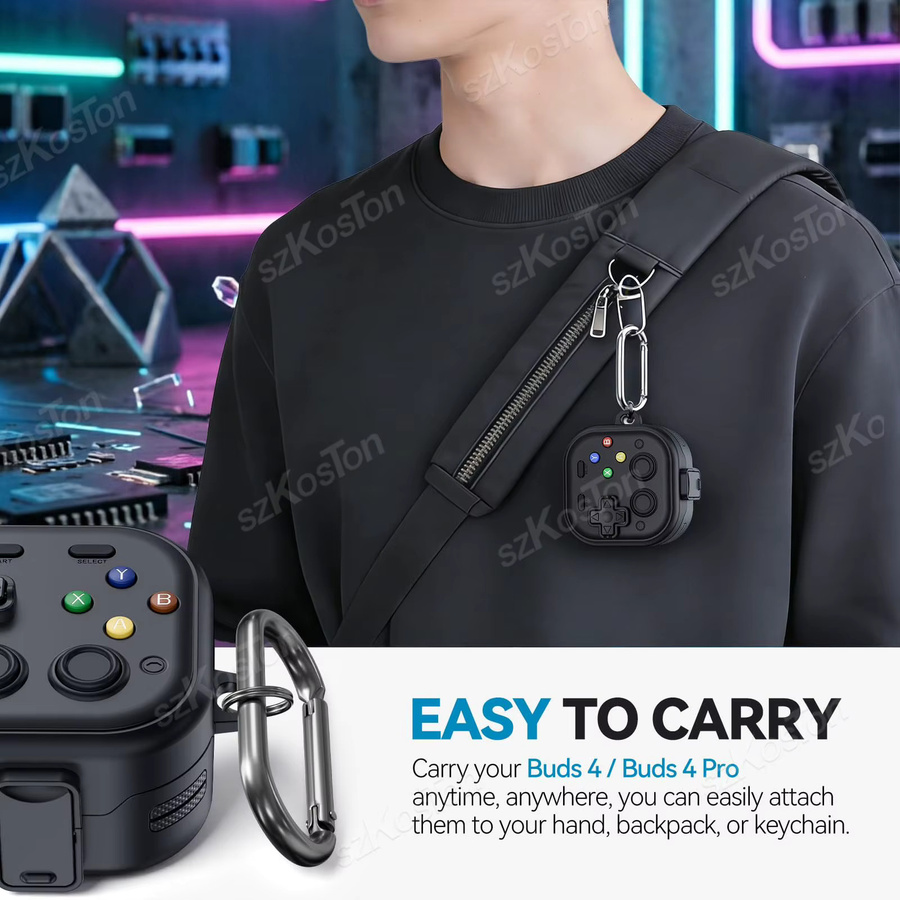 SZKOSTON Silikon-Schutzhülle für Galaxy Buds 4/4 Pro, robuste Hartschale mit Sicherheitsverschluss und Schlüsselanhänger, Schwarz/Grün - Bild 4
