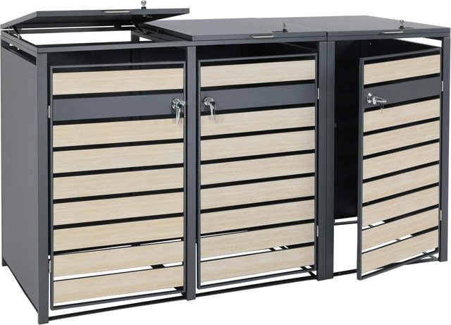PROREGAL Mülltonnenbox für 3 Mülltonnen aus verzinktem Stahl in Anthrazit und Buche-Holzoptik Hellbraun, B/T/H: 117 x 98 x 215 cm - Bild 1