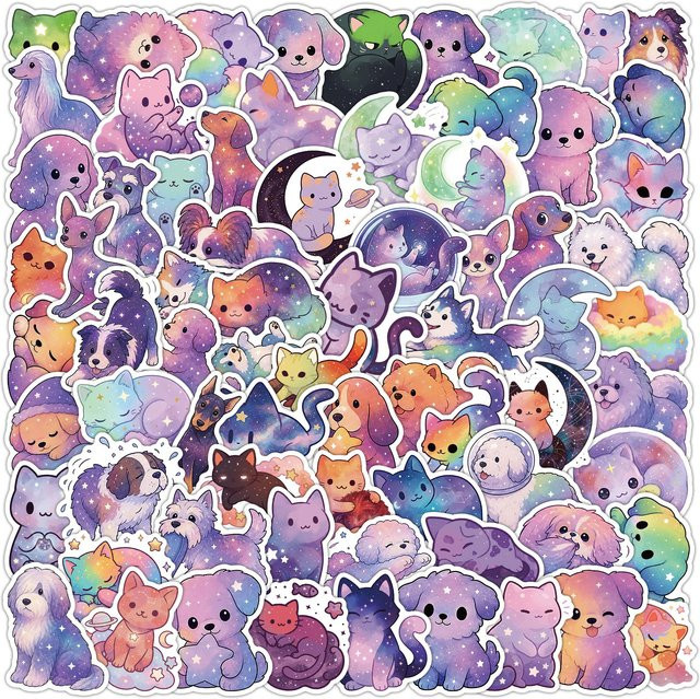 50er-Pack Wasserfeste Cartoon Sticker mit Sternennacht Katzen und Hunde Motiven in Multicolour für Notizbücher und Deko - Bild 1