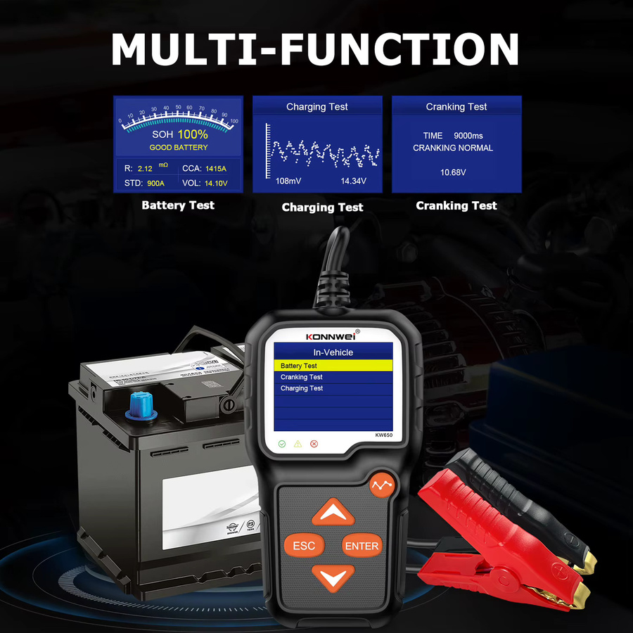 KONNWEI KW650 Batterie Tester und Analysator für Auto und Motorrad, 12V/6V, 2000CCA, Schwarz - Bild 3