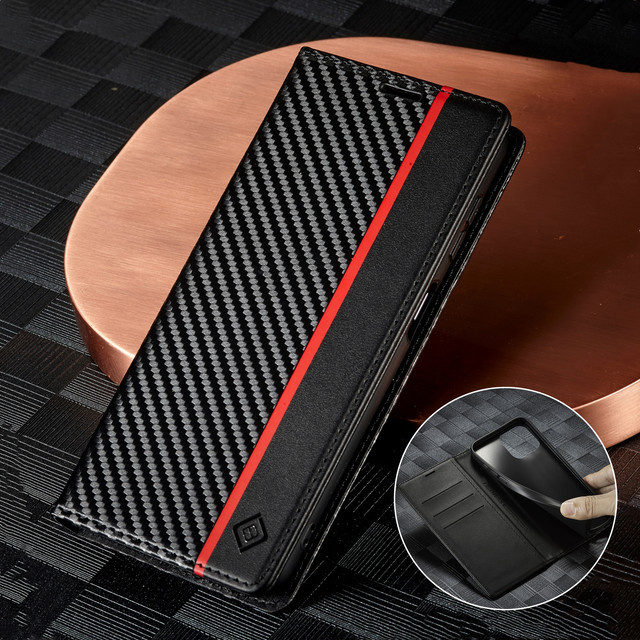 Aierkeba Wallet Card Slot Flip Hülle aus Kohlefaser und PU-Leder für iPhone Modelle in Schwarz oder Rot - Bild 1