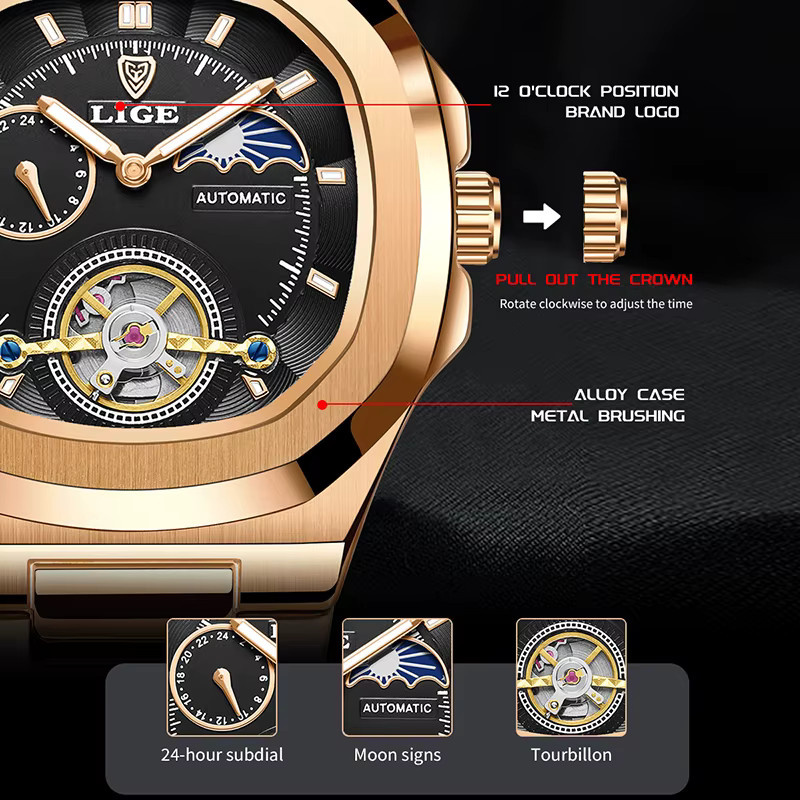 LIGE Armbanduhr Automatik, Edelstahl, Schwarz, Herren - Bild 5