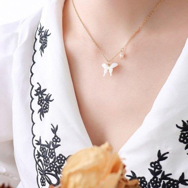 Halskette Edelstahl, Schmetterling, Muschelschnitzerei, Perle, Gold, Damen - Bild 1