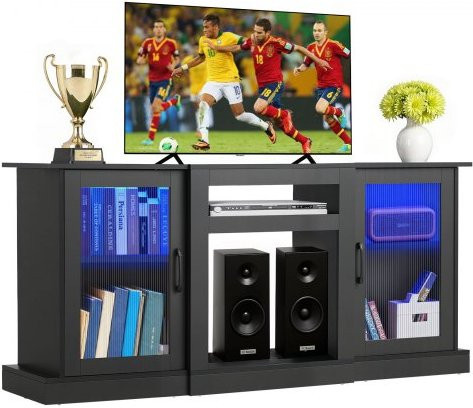 VEVOR TV-Schrank aus Holz mit Lichtleiste und Glastüren in Schwarz, moderner TV-Ständer für Fernseher bis 65 Zoll, B: 147,0 cm, H: 37,0 cm, T: 33,6 cm - Bild 1