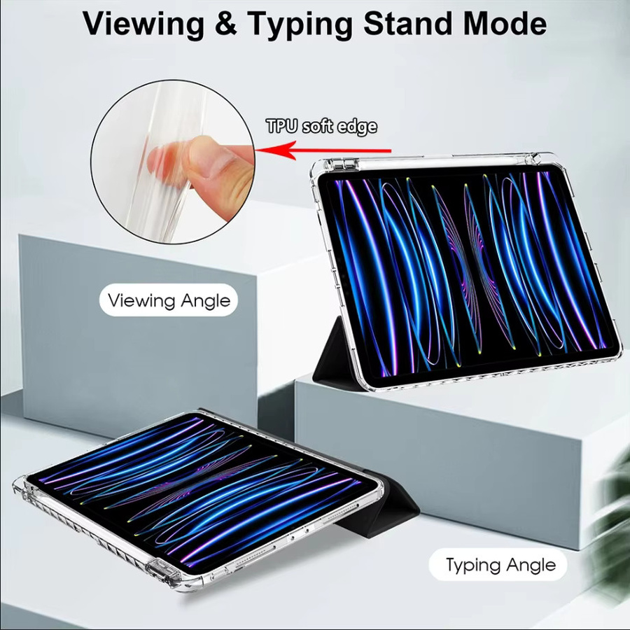 Transparente Kristall-Tablet-Hülle mit Stiftschlitz und magnetischem Flip-Stand für Apple iPad Pro 11 (2018/2020/2021/2022) aus PU-Leder in Transparent oder Grau - Bild 3