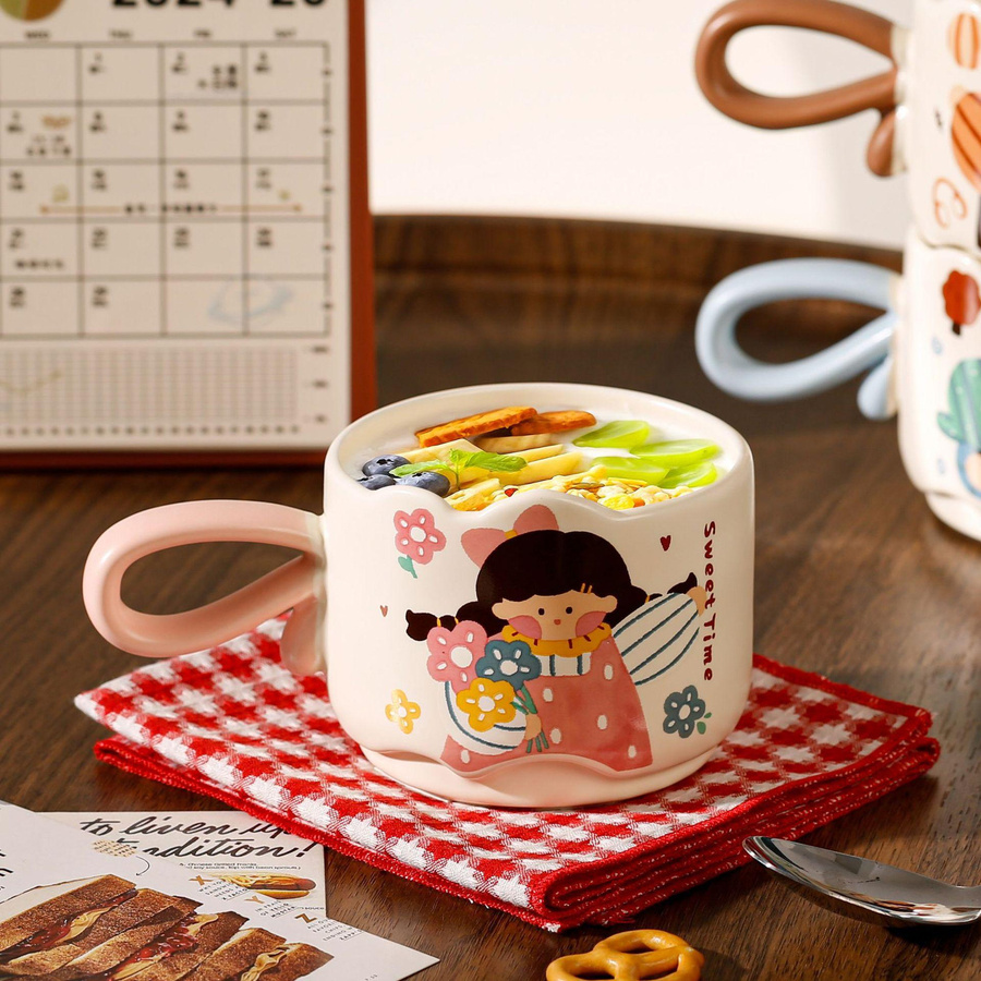 Niedrige Keramiktasse mit Cartoon-Design für Kinder und Studenten, 301-400ml, in verschiedenen Farben erhältlich - Bild 3