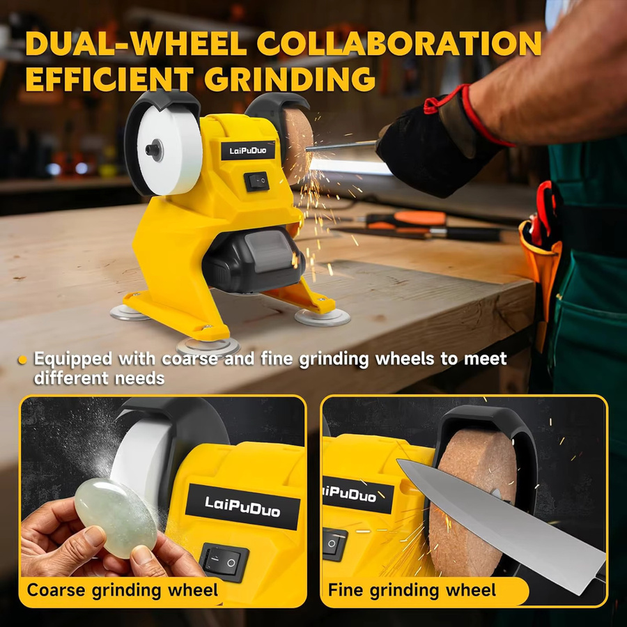 DeWalt Kabelloser elektrischer Tischschleifer in Gelb mit 5500 U/min und Doppelschleifscheiben für DIY-Messerschärfung und Rostentfernung, kompatibel mit 20V Akku - Bild 3