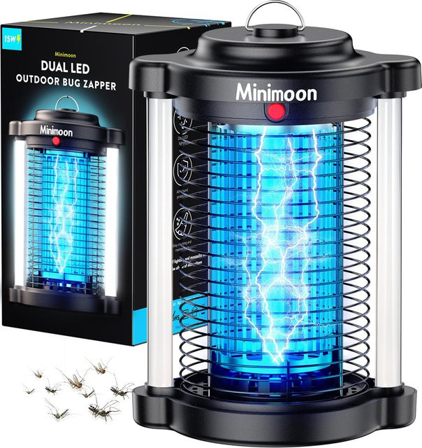 Minimoon Bug Zapper Outdoor-Mückenvernichter mit Dual-LED-Licht, 15 W elektrische Fliegenfalle in Schwarz, IPX4 wassergeschützt - Bild 1