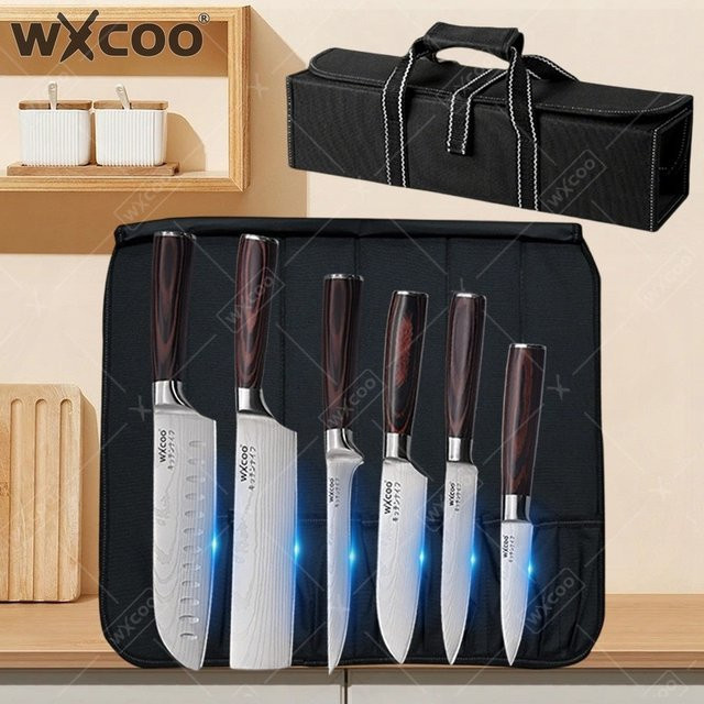 WXCOO Japanisches Santoku-Messer aus Damaszener-Edelstahl mit Holzgriff und Rolltasche - Bild 1