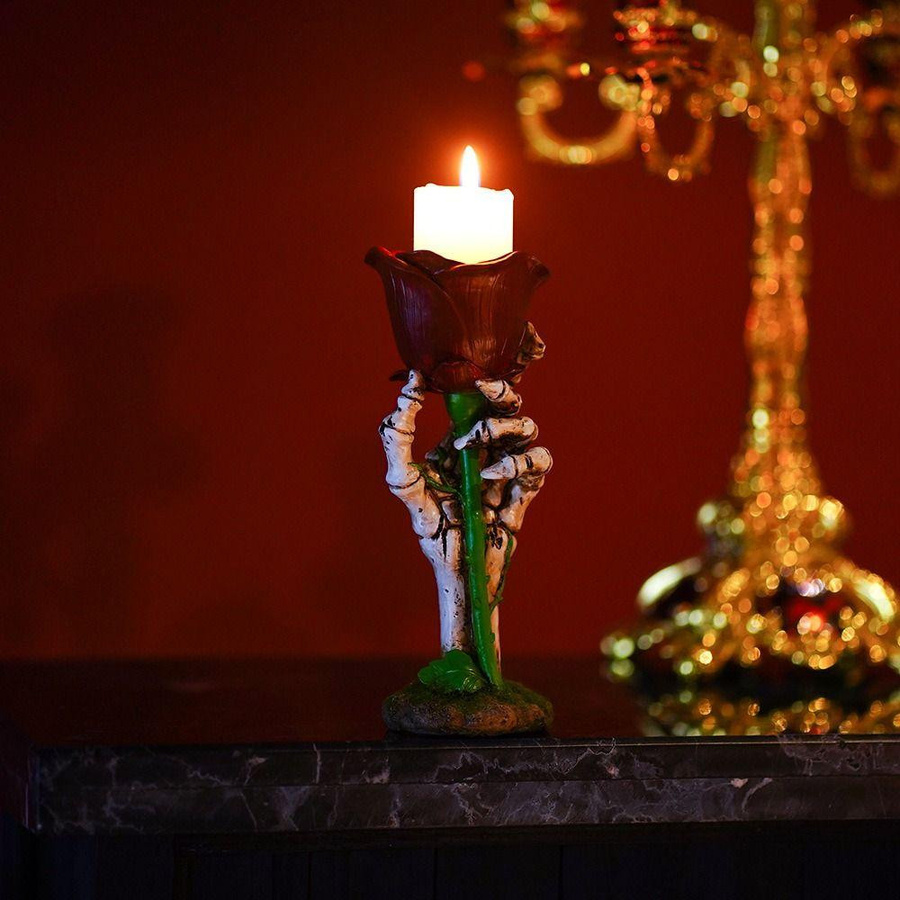 Yiran Furniture Kerzenhalter im gotischen Stil mit Skeletthand und Rose aus Polyresin für Tealights - Bild 3