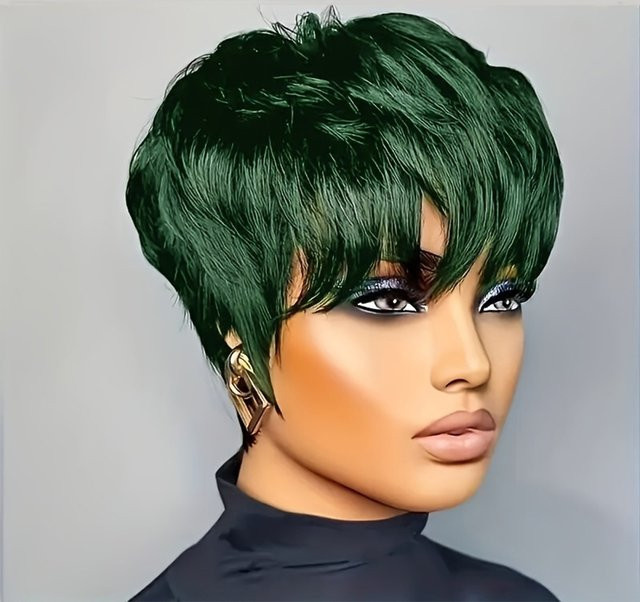 OYM HAIR Pixie-Perücke, 100 % Echthaar, Grün, Damen - Bild 1