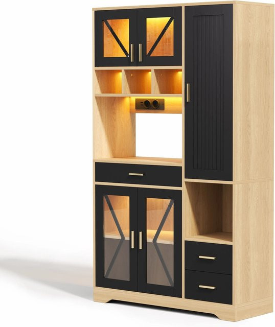 okwish Küchenschrank in Schwarz mit LED-Beleuchtung, Steckdosen und Glastüren, H: 185 cm, B: 105 cm, T: 40 cm - Bild 1