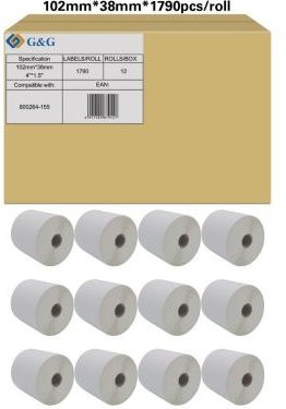 G&G Thermopapier Etiketten weiß, kompatibel zu Zebra 800264-155, selbstklebend, beschichtet, perforiert, B: 102 mm, H: 38 mm, 12 Rollen à 1790 Stück - Bild 1