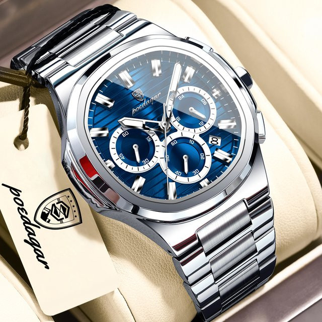 POEDAGAR Armbanduhr, Chronograph, Quarz, Edelstahl, Silber, Herren - Bild 1