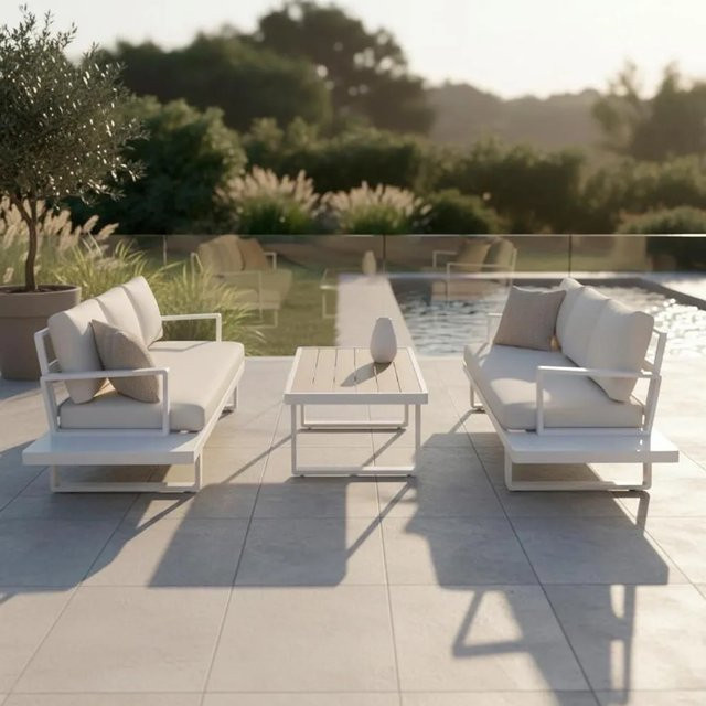 Bessagi Garden Loungegarnitur Tilly in Creme mit Abdeckung, L-Form aus Aluminium und Outdoorstoff - Bild 1