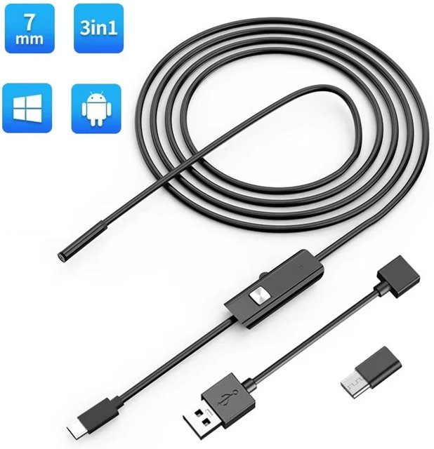 XinFe 3-in-1 Android Endoskop-Kamera mit 7mm Micro-Kamera und LED, Schwarz, kompatibel mit Micro-USB und USB-C für Android und PC - Bild 1