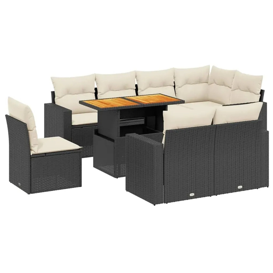 vidaXL 9-teilige Garten-Sofagarnitur in L-Form aus Poly-Rattan und Akazienholz mit Kissen in Schwarz-Creme - Bild 2