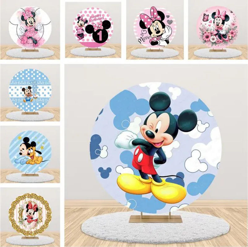 Potdemiel Minnie Maus Runder Fotohintergrund mit floralem Design in Blau und Rosa für Babyparty und Geburtstag - Bild 1