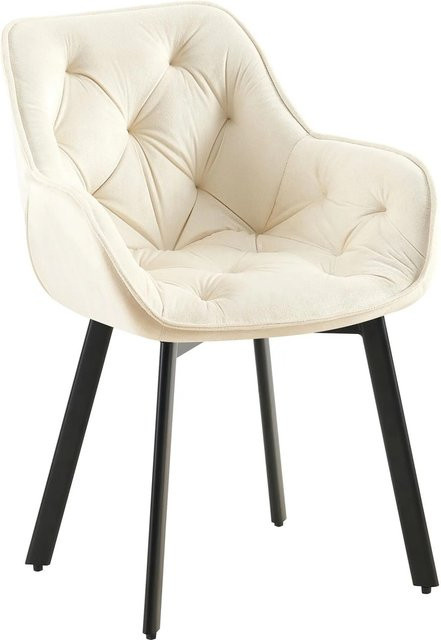 DELUKE VOVER Esszimmerstuhl aus Samt in Creme mit Steppmuster und Armlehnen, B/T/H: 57 x 62 x 84 cm - Bild 1